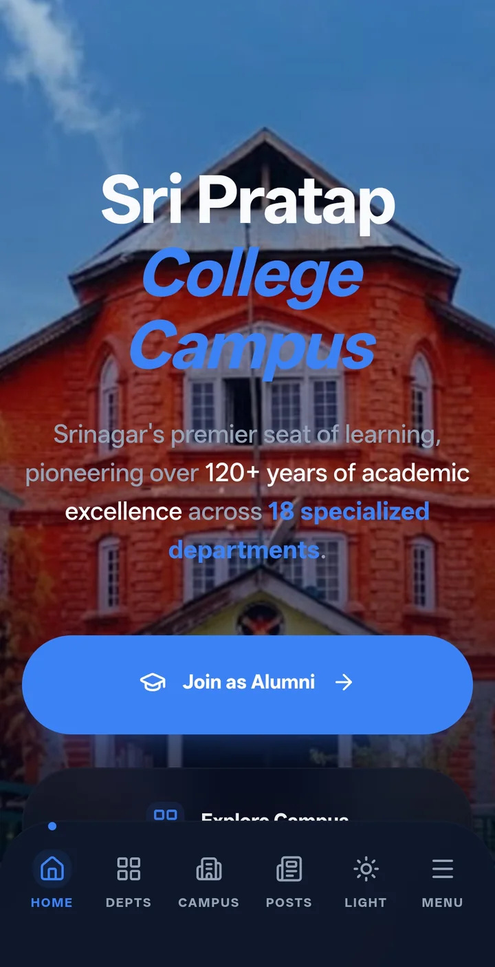 SPCS Campus Portal landing screen with the Sri Pratap College campus hero