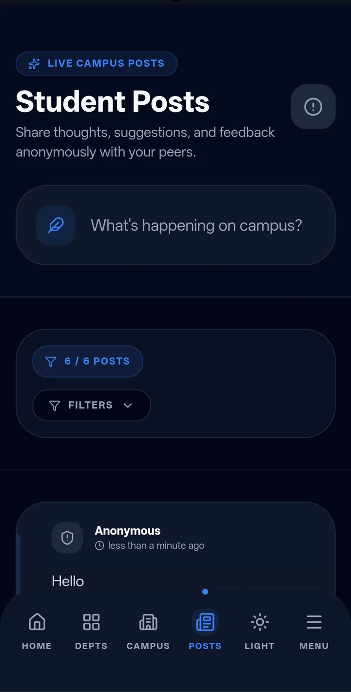 Student Posts screen showing live anonymous campus posts